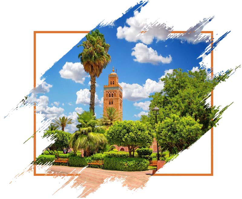 Koutoubia Mosque amidst lush gardens in Marrakech, Morocco